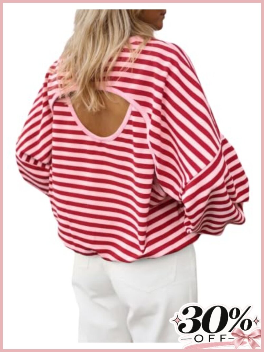 Striped Long Sleeve Oversized Cutout Back Top Crewneck Lantern Sleeve